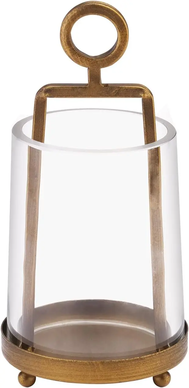 Modern Farmhouse Metal Hurricane Candle Holder with Glass Sleeve in Antique Brass