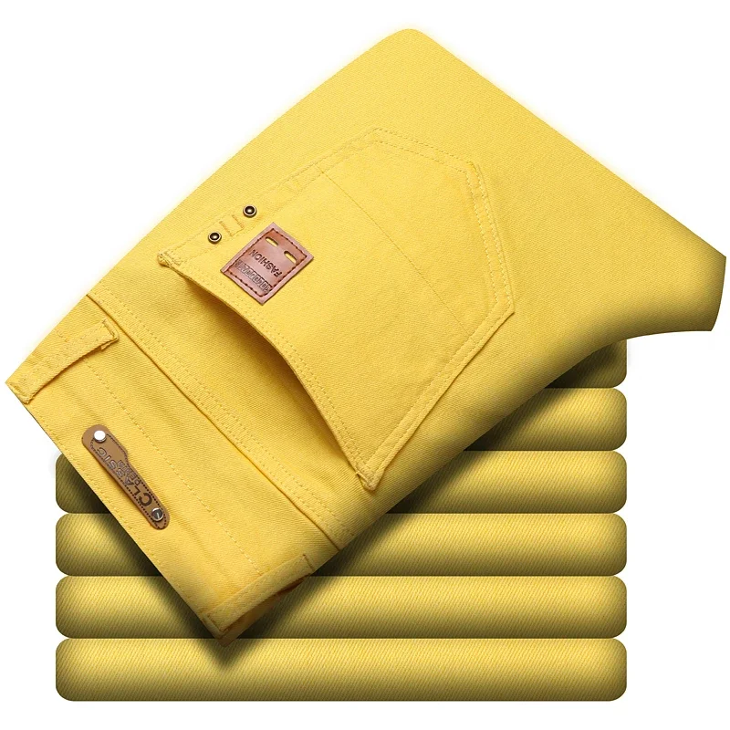 

2026 New Men 72% Cotton New Men's Bright Stretch Fit Jeans Trendy Denim Straight-leg Trousers Male Red Lake Blue Yellow Trousers