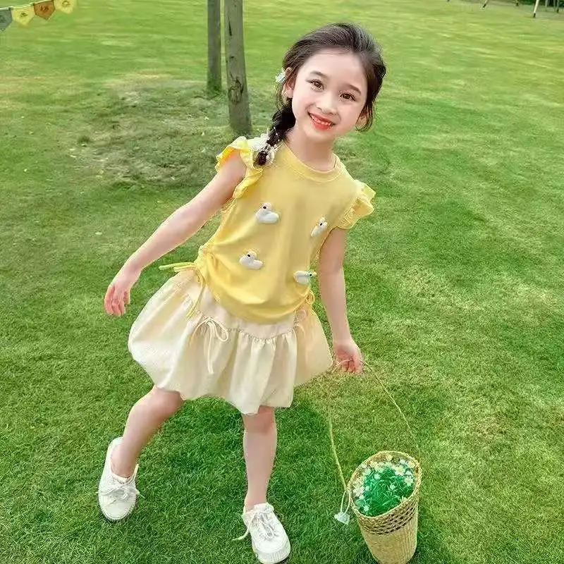 

Korean Version Fashion New Girls' Sets Summer College Style Children's Clothing Red Alphanumeric Printed Short Sleeved Top+Skirt