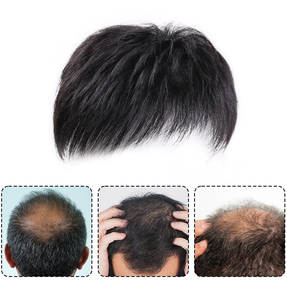 Men Clips-On Short Hair Wig Synthetic Head Top Replacement Block Natural Black Seamless Hair Patch Comfortable Hairpiece for Man