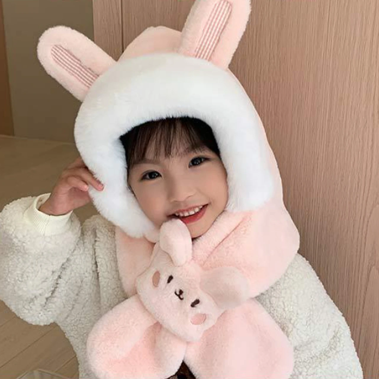 

Winter Kids Plush Scarf One-piece Hat Baby Thermal Headgear Cute Cartoon Children Cross Neckerchief Anti-Cold Pullover Cap 1-6Y