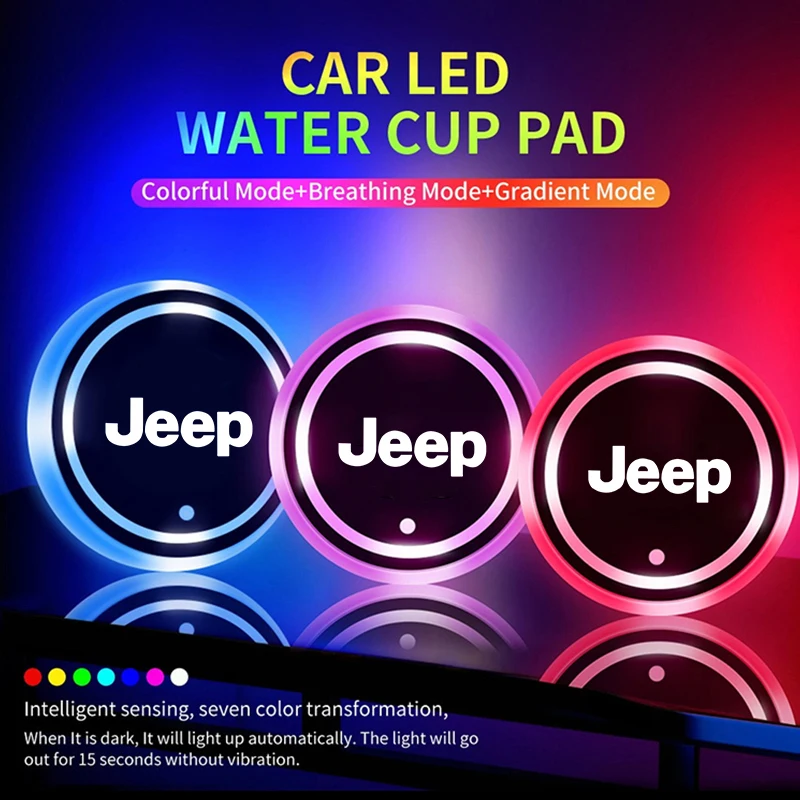 LED Holder Lights USB Rechargeable Cup Mat 7 Color-Changing Luminous Coasters For Jeep Renegade Wrangler JL JK Gladiator Compass