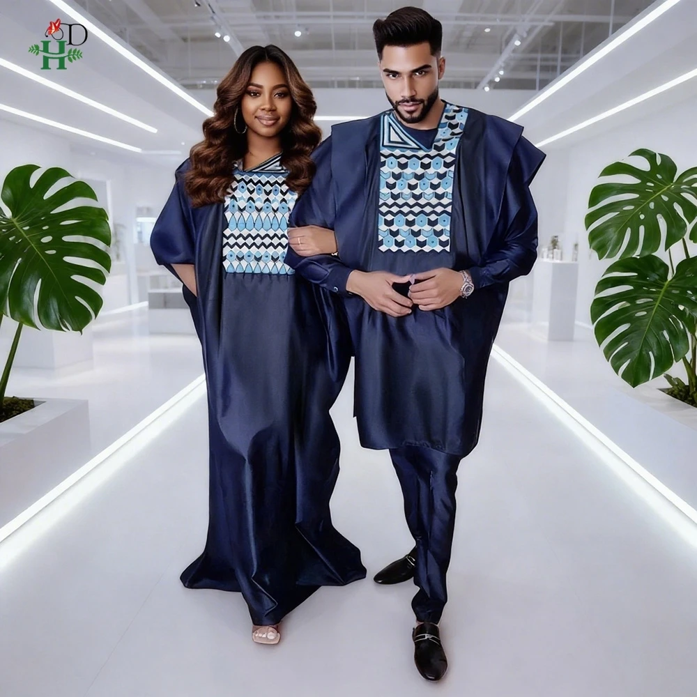 New African Women's Navy Blue Kaftan Embroidery Djellaba with Headwrap For Casual Ramadan Couple Daily Boubou Wedding Party Gown