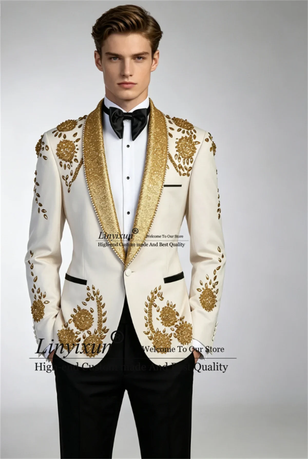 High End Jewelry Ornament Men Suits 2 Pieces Sets Wedding Groom Male Blazer Customized Party Tuxedos Sequins Lapel Ropa Hombre