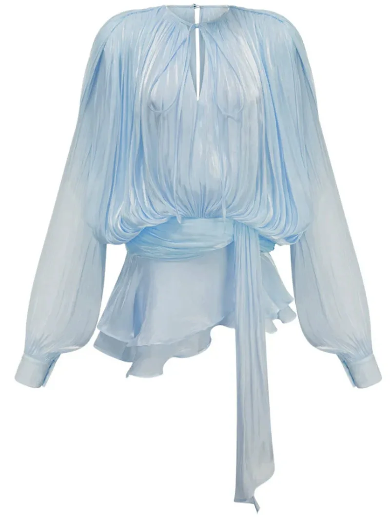 Minivestidos lisos de retazos con cordones para mujer, vestido de diseñador de cintura alta y manga larga con cuello redondo, estilo de moda femenina, malla transparente P4A