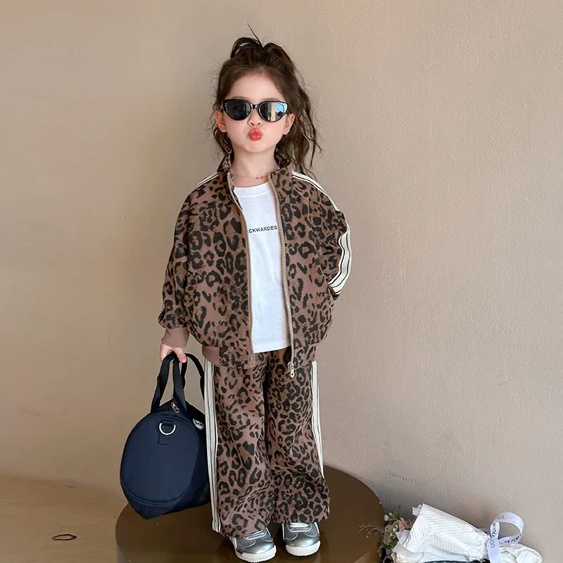 

2025 Korean Children's Clothes Kids Leopard Pattern Coat+ Pants 2Pcs Suit For Girls Autumn Causal Tracksuit Girl Clothing
