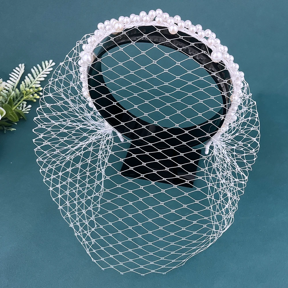 

JM26 Pearl Wedding Veil Vintage Bridal Birdcage Veil with Pearl Beaded Mesh Veil for Bride Blusher Veil for Marriage Accessories