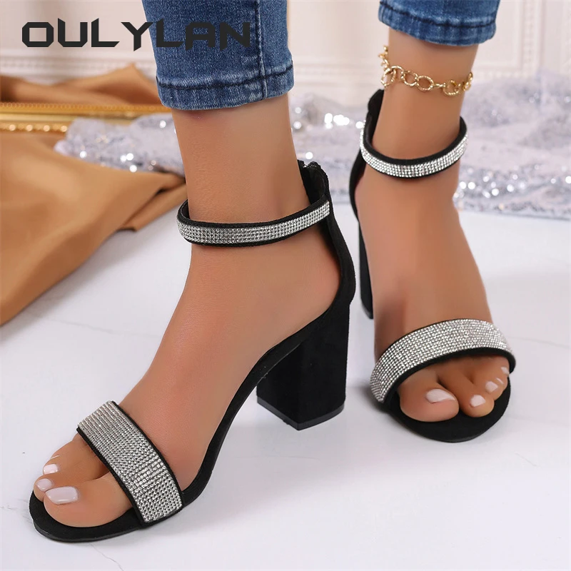 Oulylan Comfortable Dress Shoes Women's Decor Chunky Heel Sandals, Fashion Strap Summer Sandals,