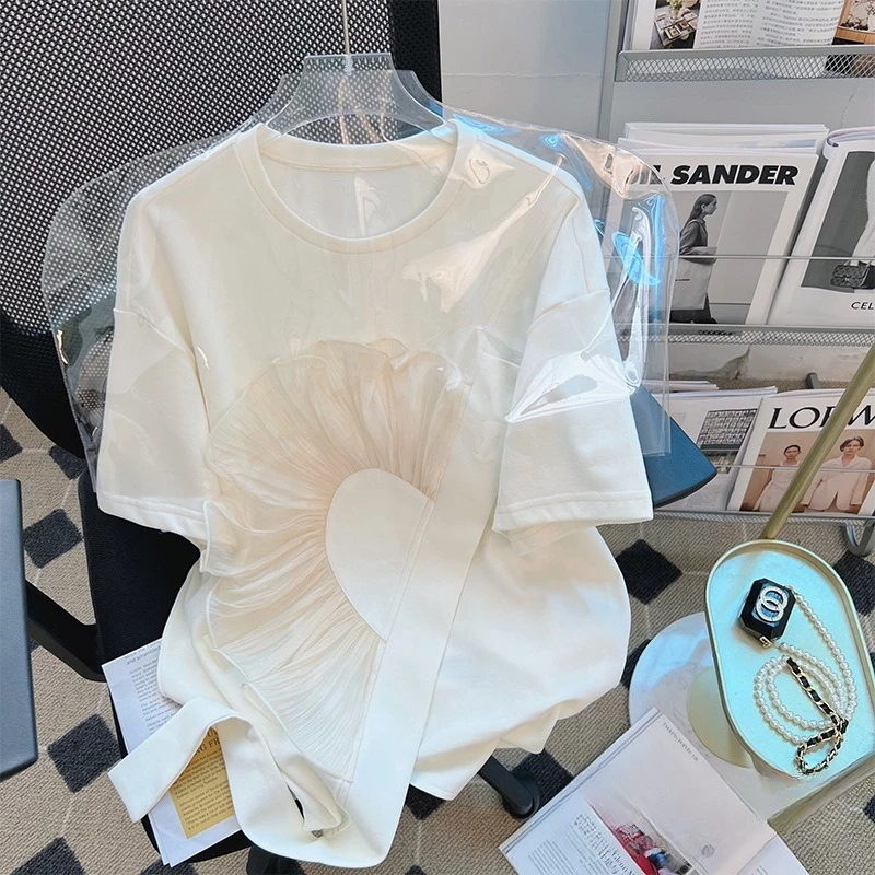 

Cotton Short-sleeved T-shirt Women's Summer 2026 Loose Embroidery Crew Neck New Top