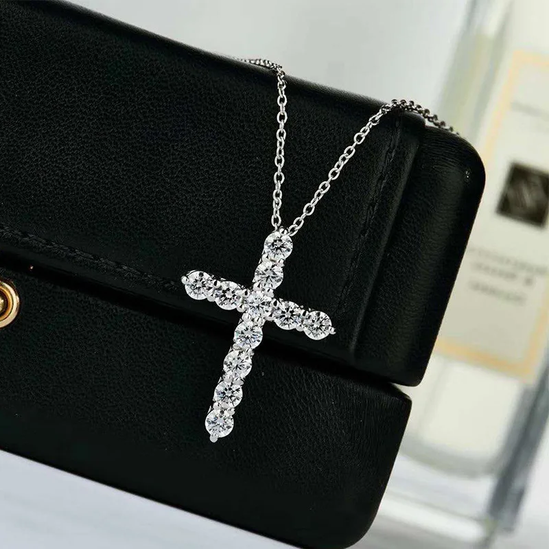 

9K Au375 White Gold Women Pendant Necklaces Moissanite Diamonds Cross Wedding Party Engagement Anniversary Present Trendy