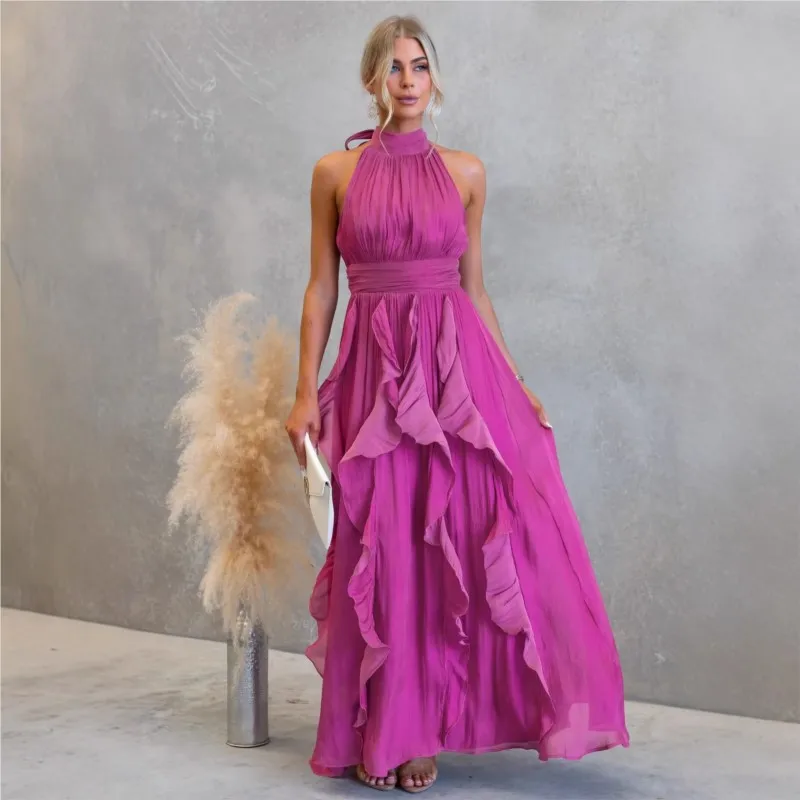 

Layered Banquet Dress 2026 Summer Sleeveless Halter High Waist Pleat Solid Patchwork Maxi Dress Holiday Evening Party Streetwear