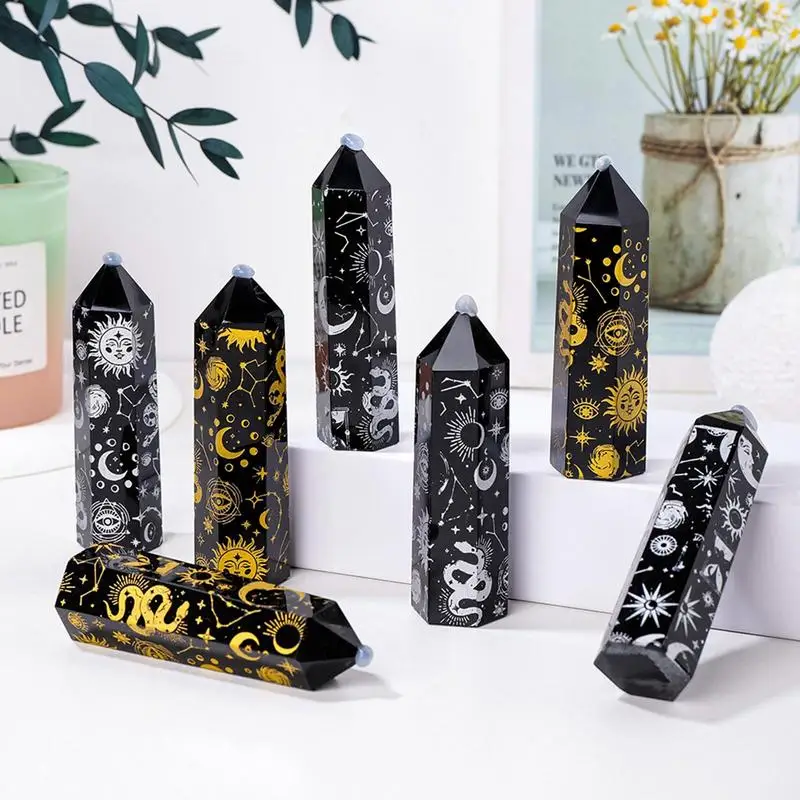 Obsidian Crystal Tower Obsidian Hexagonal Prism Star Moon Sun Pattern Rough Stone Single Spire Sandblasting For Bookshelf