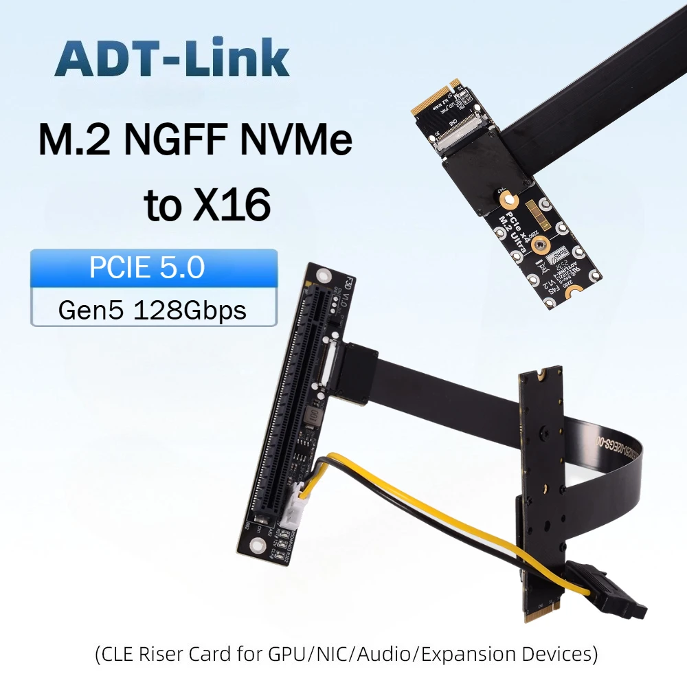 ADT-Link PCIe 5.0 M.2 NGFF NVMe Adapter x16 Graphics Card Extension Cable FFC High-Speed Gen5 16x Bending Lossless Riser Adapter