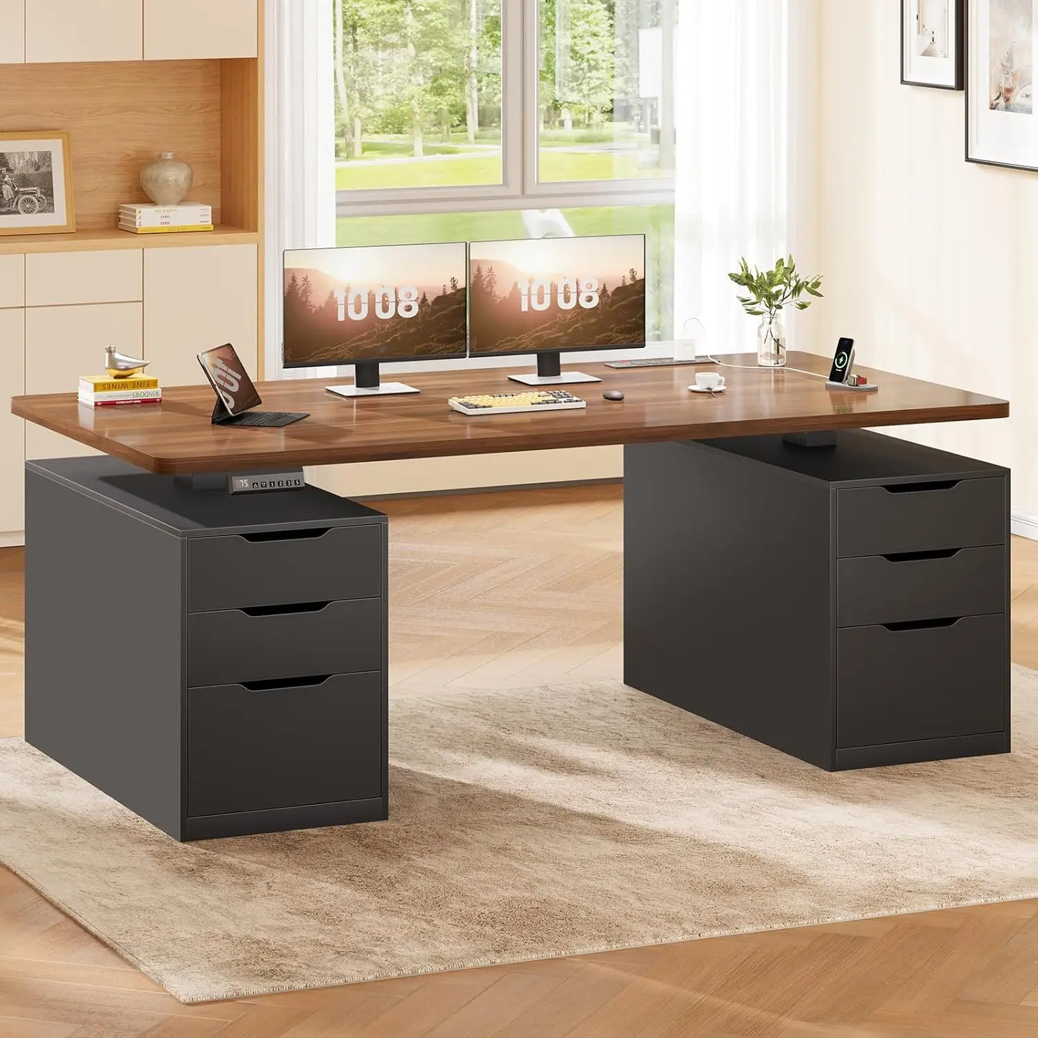 

Электрический регулируемый по высоте стол с 6 ящиками, 55-дюймовый стол для работы стоя с местом для хранения, компьютерные столы с розетками, на заказ