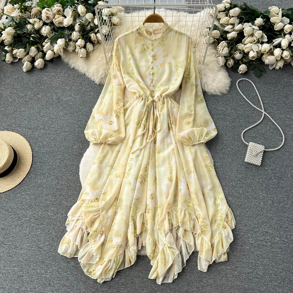 Vintage Floral Chiffon Dress Women Lantern Sleeves Casual Dresses Spring  Auutmn Drawstring Long Sleeve Ruffle Edge Long Dress