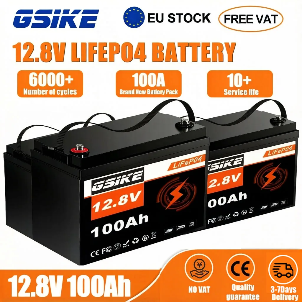 Batteria GSIKE 100AH Lifepo4 ricaricabile, pacco batterie al litio solare 12V 24V con BMS, celle di grado A per accumulo domestico all'aperto, accumulo di energia solare domestica al litio ferro