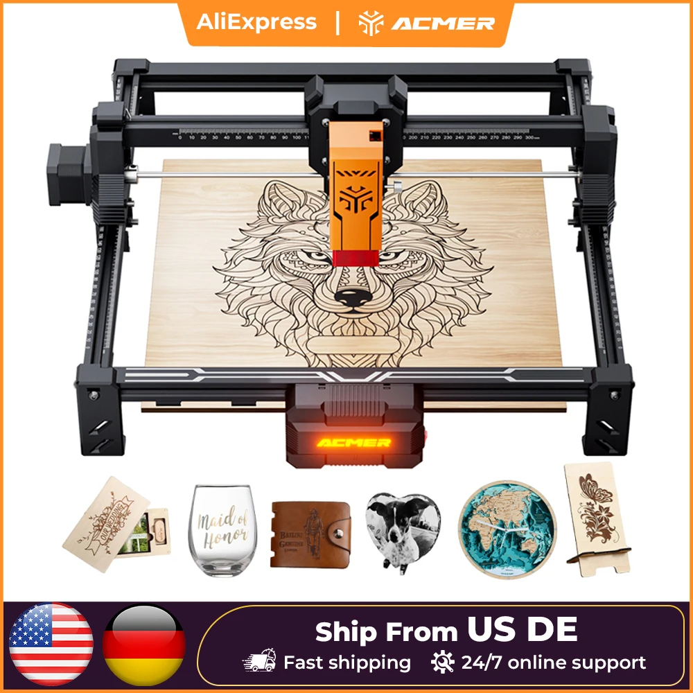 Machine de gravure laser ACMER S2 20W/12W/7W, outil de marquage et de découpe CNC pour le bois, facile à utiliser, zone de travail 300 x 300 mm