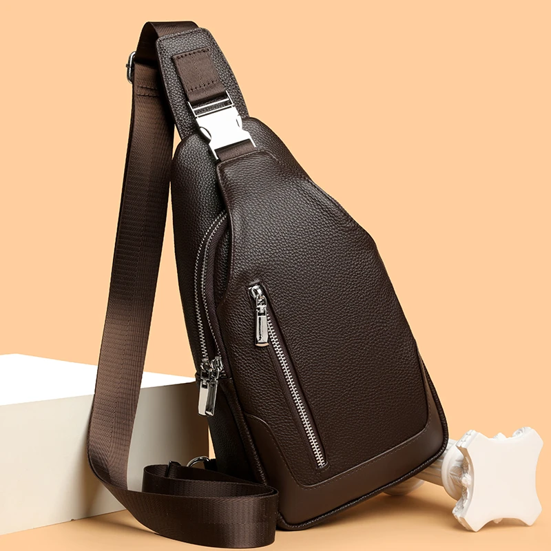2026 New Design top layer cowhide Men's Anti theft Chest Bag with USB Double Zipper Multi functional genuine Leather Chest Bag