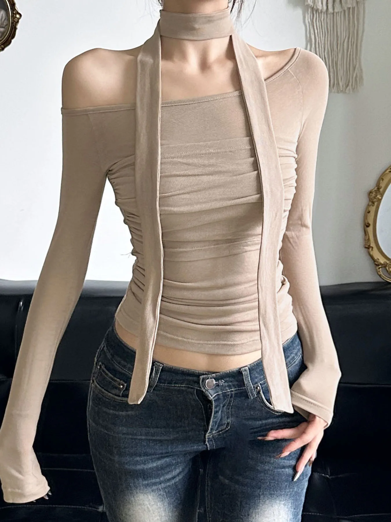 Rockmore Asymmetrical Off Shoulder Frill Tops Fashion Ribbon Halter Thin T-shirts Autumn Long Sleeve Slim Women Tee Y2K Korean