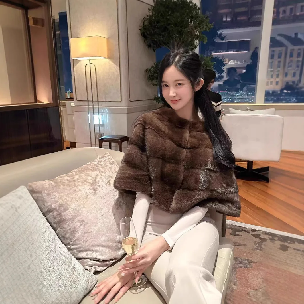 Women Faux Mink Fur Cape Coats Short Fur Jackets Round Neck Coverd Button Thick Warm Fur Loose Fit Casual 2025 Autumn Winter