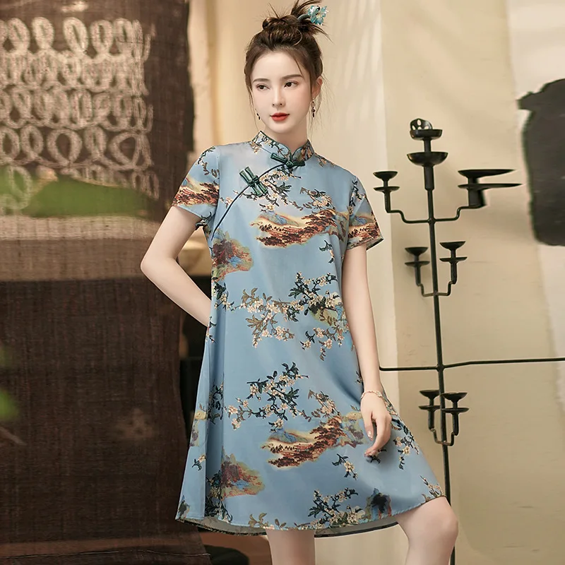 FZSLCYIYI Fashion Printed Party Cheongsam Dress Women Summer Loose Short Sleeve Qipao Traditional Chinese Clothes