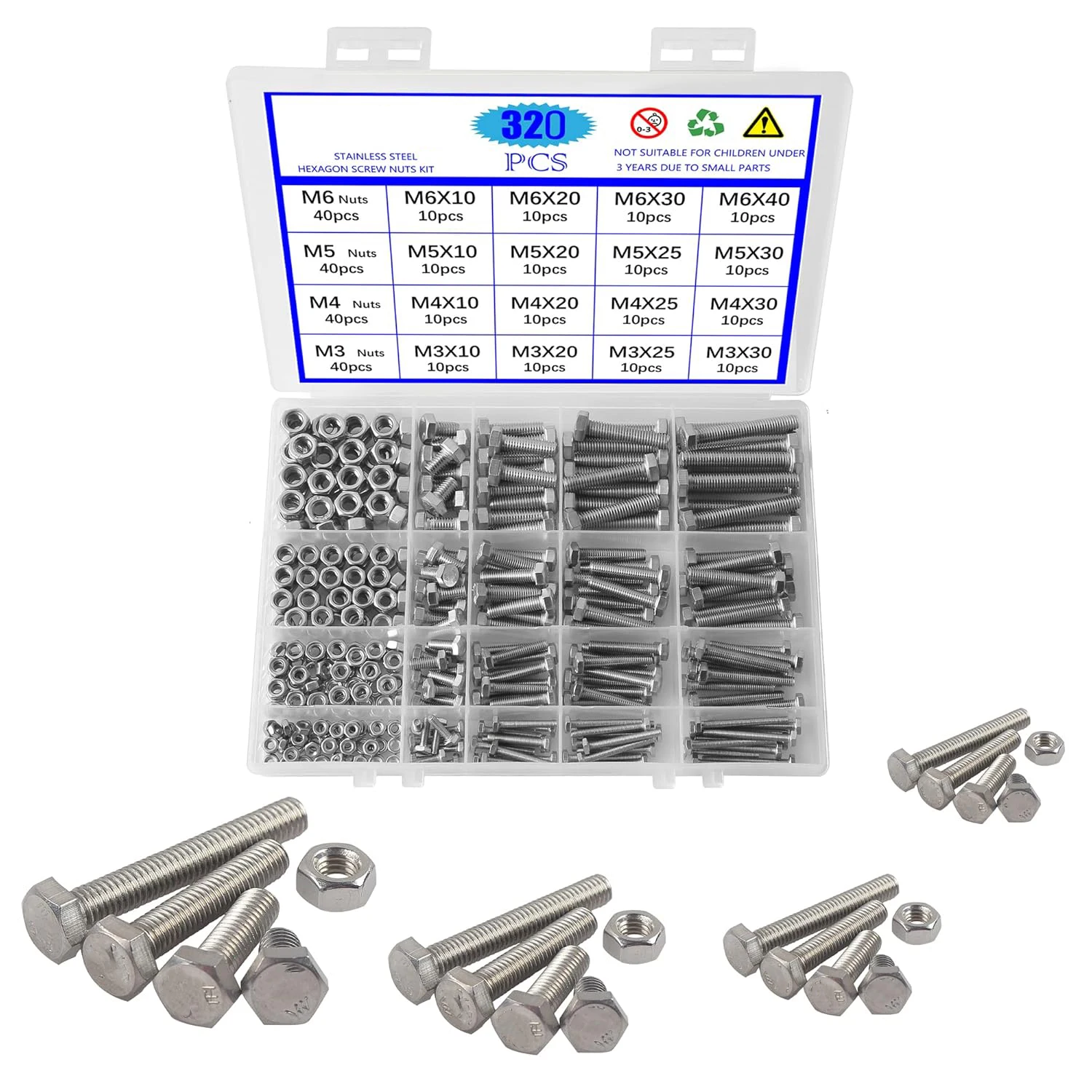 320個入り-メトリック-m3-m4-m5-m6-ステンレス鋼-六角穴付きネジとナットの組み合わせセット-家庭での固定や修理用