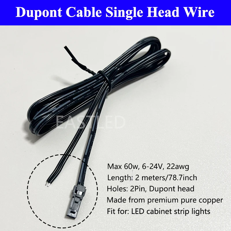 LED Cabinet Light Solder Wire 2Pin Dupont Cable with Male Snap Plug LED Light Connectors Solder Ended Line, 1.8m/70inch Black