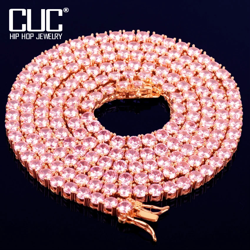 CUC 4mm Tennis Chain For Men Women Pink Cubic Zirconia Hip Hop Necklace Link Fashion Jewelry