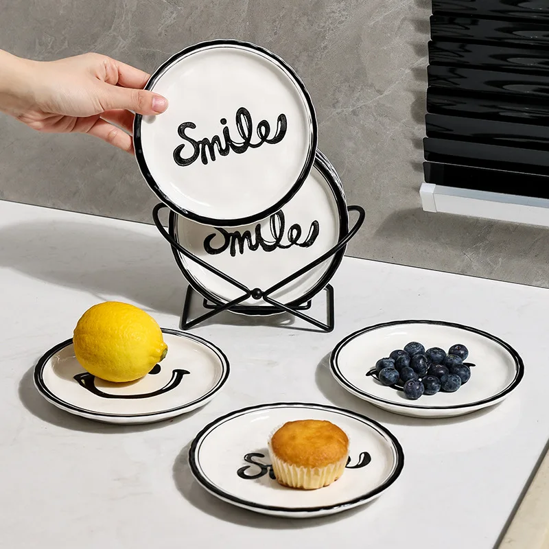 6 Piece Smiling Plate Korean INS With Metal Rack Dessert Ceramic Plates Fruit Cake Dish Breakfast Bread Tray Dishs Decor Display