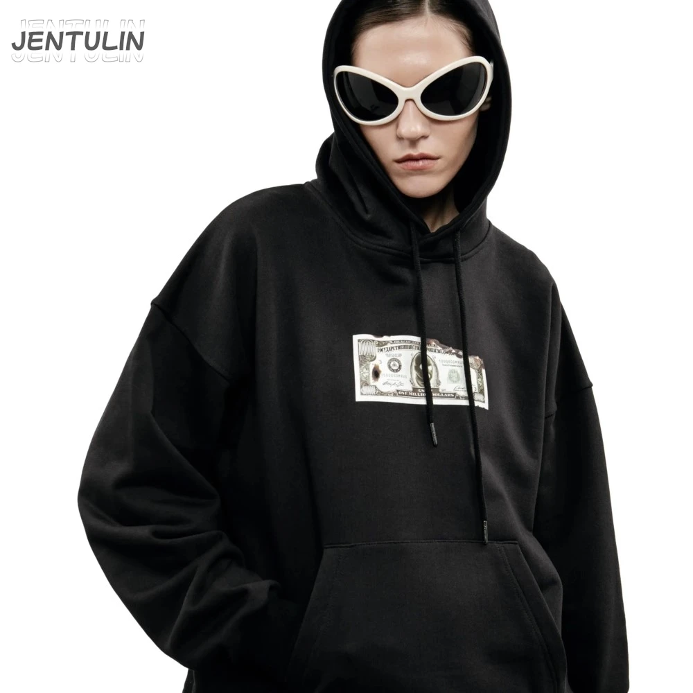 Harajuku Streetwear Oversized Men Hooded Pullover Dollar Graphic Print Hoodie Sweatshirt Hip Hop Aesthetic Top Goth Y2k Clothing