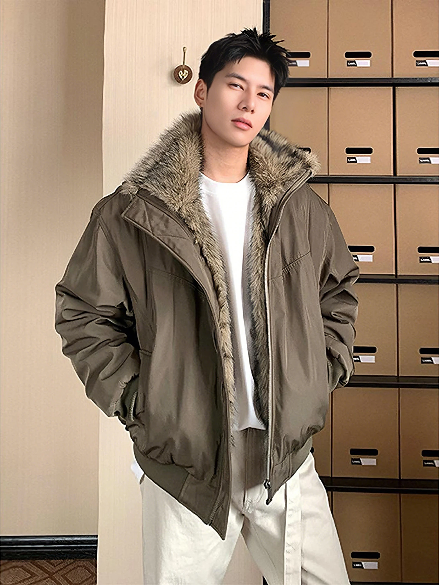 

Camouflage Flannel Jaet Men's Winter Thiened Warmth Embellied Fur Collar Splicing Workwear Sle Cleanfit Leisure Coat