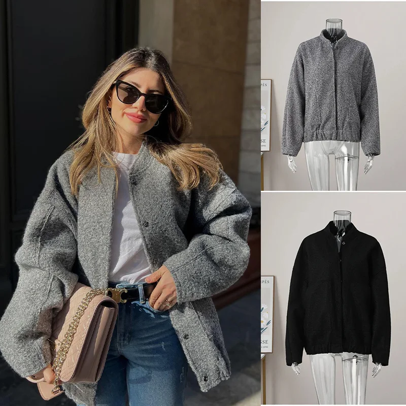 2025, Winter Weibliche Mode Bomber Jacke Lange Ärmel Einfarbig Grau Rollkragen Mit Taschen Einreiher Retro Lose Mantel