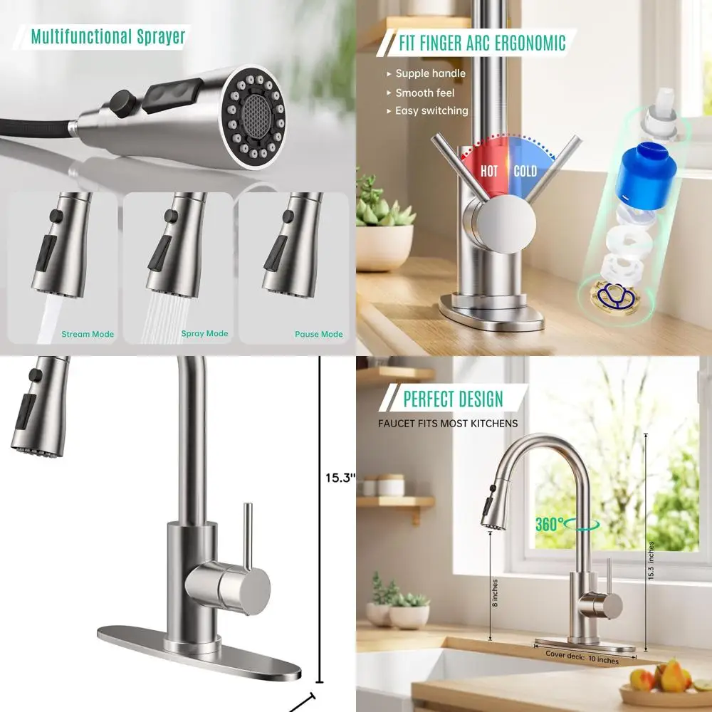 

Commercial Brushed Nickel Pull-Down Spray Single Handle High Arc Stainless Steel Kitchen Faucet for Bar, Laundry, and Farmhouse