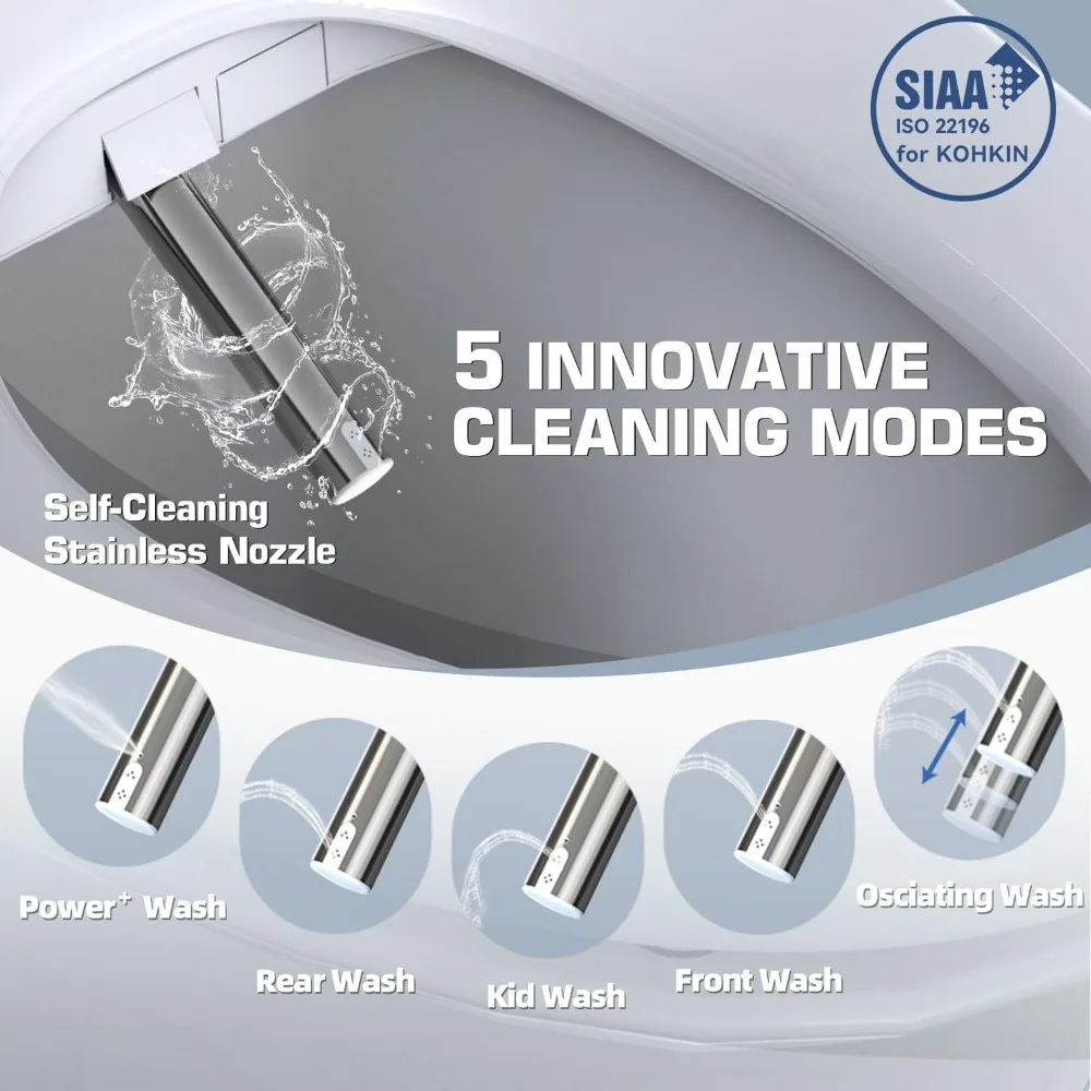 

Heated Bidet Toilet Seat with Warm Water & Dryer, 5 Wash Modes, Slow Close Lid, ECO/Silent Mode