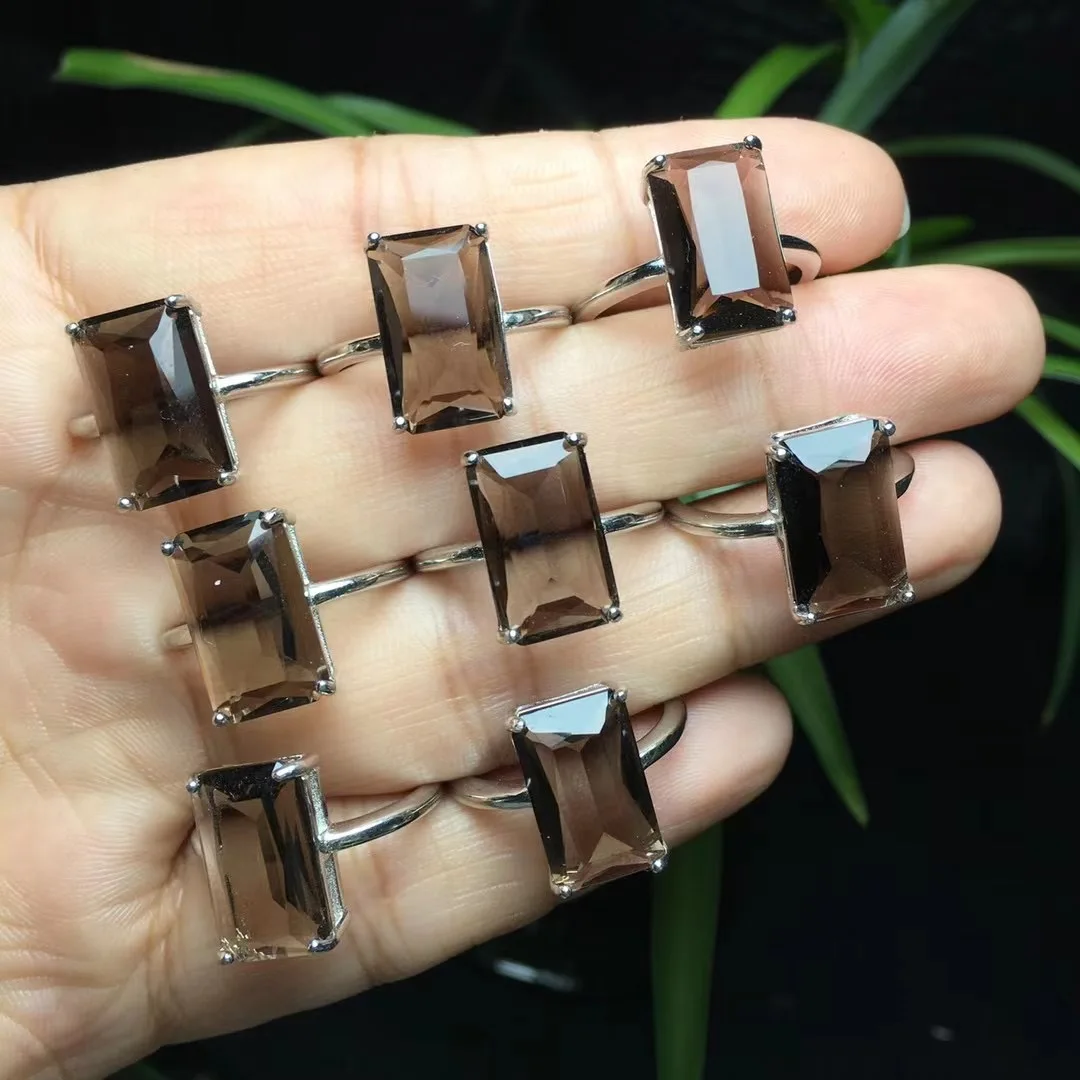 

S925 Natural Faceted Smoky Quartz Cube Rings Crystal Healing Stone Fashion Gemstone Jewelry For Women Birthday Present Gift 1pcs