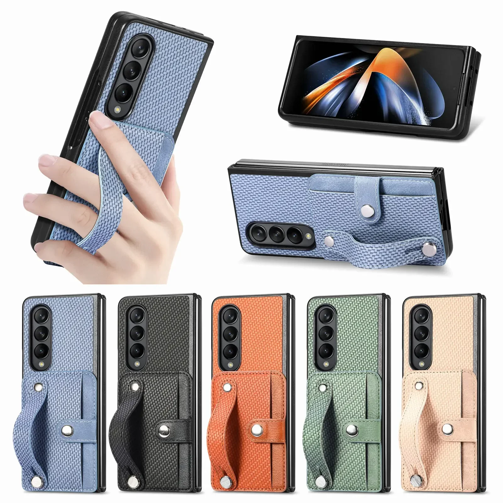 

Case For Samsung Z Fold 5 4 3 2 Phone Cases Multifunctional Card Holder Wrist Strap Stand Two-in-One Z Fold5 2 Protective Cover