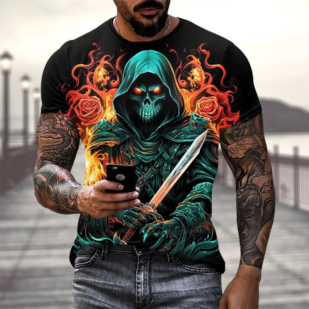 Men\'s Horror Skull Print T-Shirt 3D Print Vintage O-Neck Short Sleeve Fashion Oversized T-Shirts Men\'s Summer Street Clothing