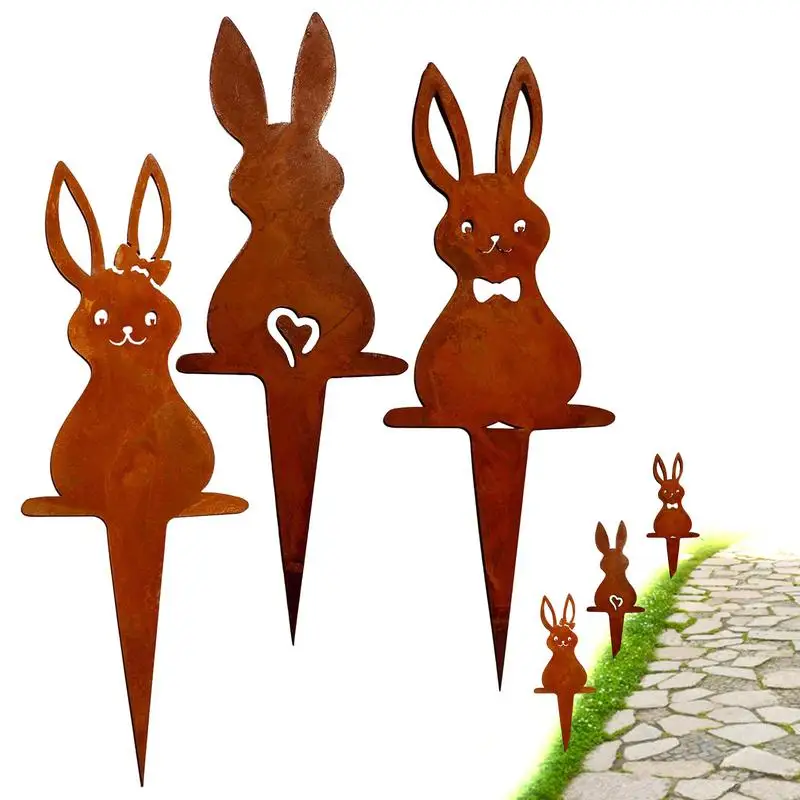 Rabbit Ground Plug Metal Bunny Stakes Easter Yard Signs Outdoor Metal Bunny Statues Easter Bunny Decor Rabbit Yard Stakes