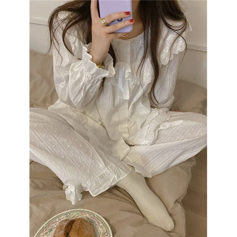 2024 New Pajamas Women\'s Spring and Autumn Sweet Princess Style White Lace Long Sleeve Home Clothes suit Pure Women\'s Style