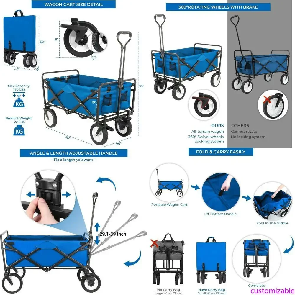 

Складная тележка Arlopu для использования на улице и на пляже, универсальная тележка с 7,8-дюймовыми внедорожными колесами и тормозами для сада и покупок