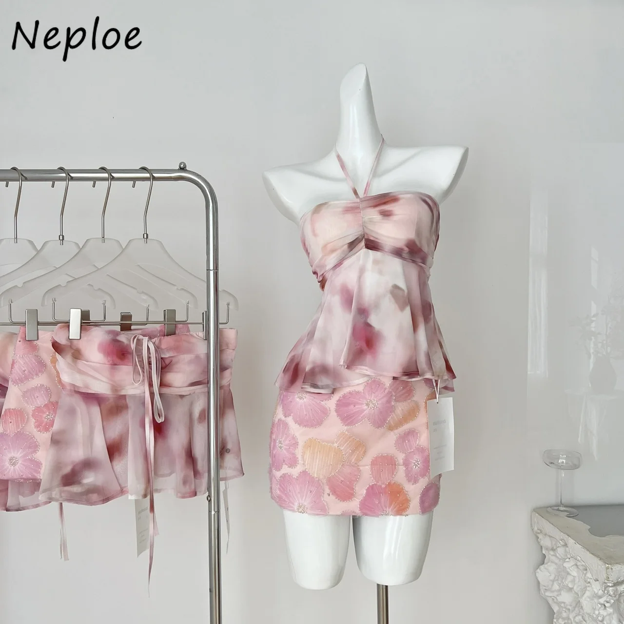 

Neploe Exquisite Halter Chiffon Set Vest Three-dimensional High Waist Print Mujer Faldas Summer Slim Luxury Suits Moda Skirts