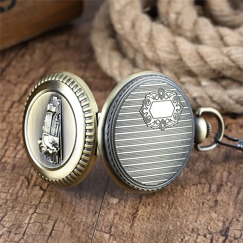 Antique Large Size Clock Locomotive Railway Train Pattern Unisex Quartz Analog Pocket Watch Pendant Chain Roman Number Timepiece