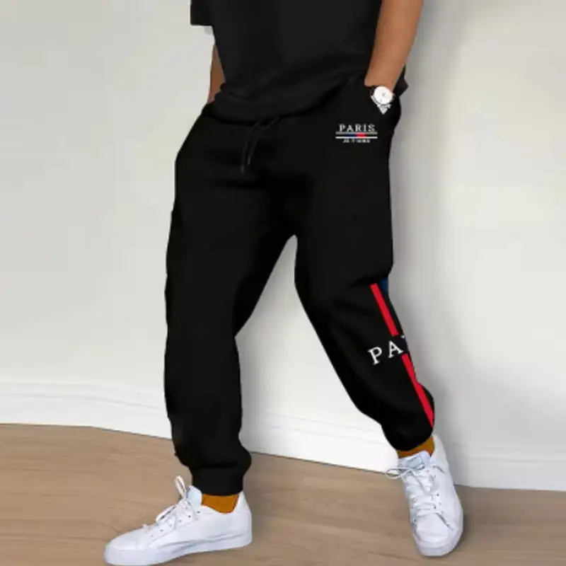 Men's Paris-Inspired Fleece Sweatpants with Striped Graphic & Drawstring Waist - Casual Athletic Joggers for Daily Wear, Workout