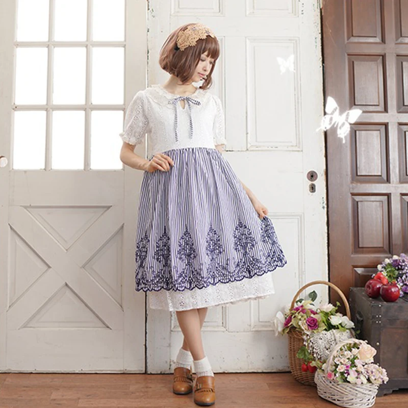 달콤한 요정 모리 소녀 드레스 여성 의류 스트라이프 피터팬 칼라 레이스 자수 반팔 여성 카와이 공주 A312