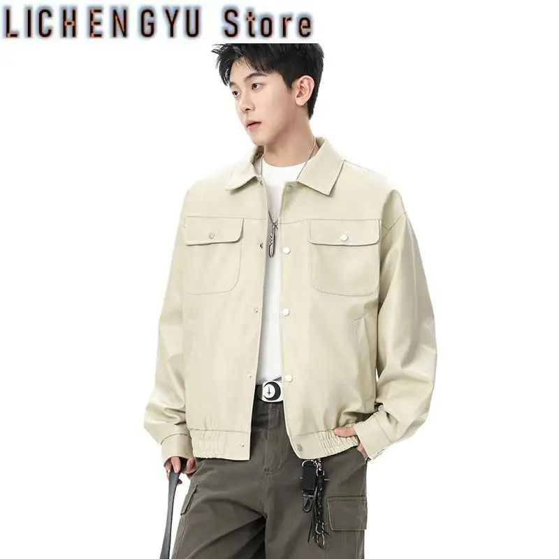 American High Street Cool Retro Autumn Turn-Down Collar PU Leather Men's Jackets 2025 Korea Fashion Solid Color Pocket Male Tops