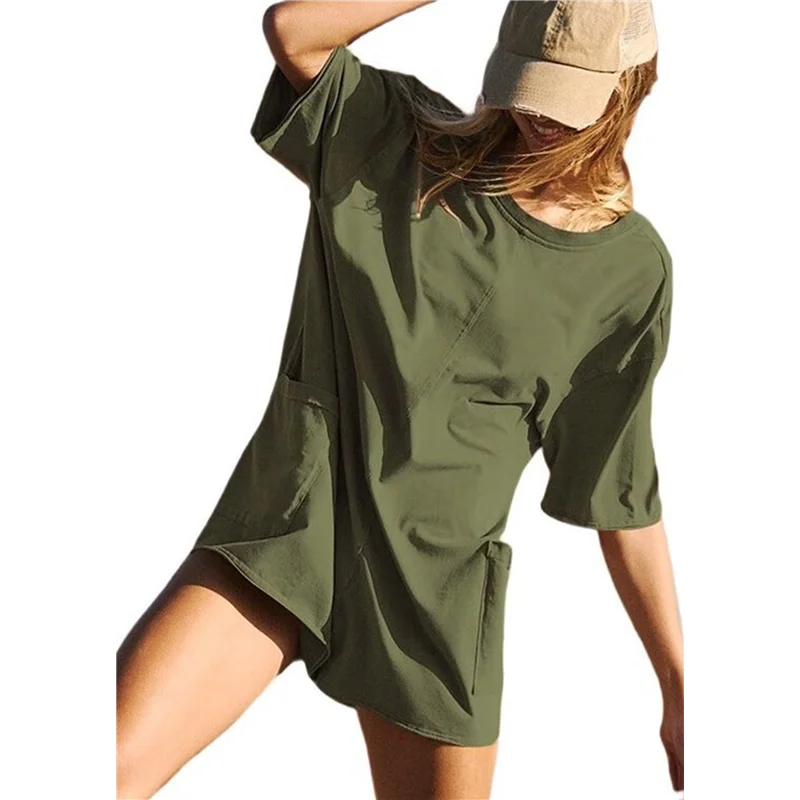 【SEE】 Abito da maglietta estivo casual da donna Abito elastico a maniche corte allentato con tasca per donna