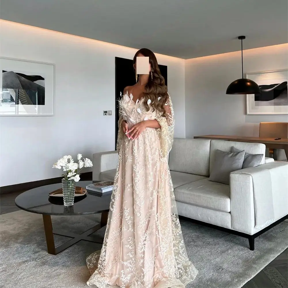 

Ball Off The Shoulder Flare Sleeves Evening Dresses Feather Lace Applique Prom Dress A-line Floor Length Sweep Train Party Gowns