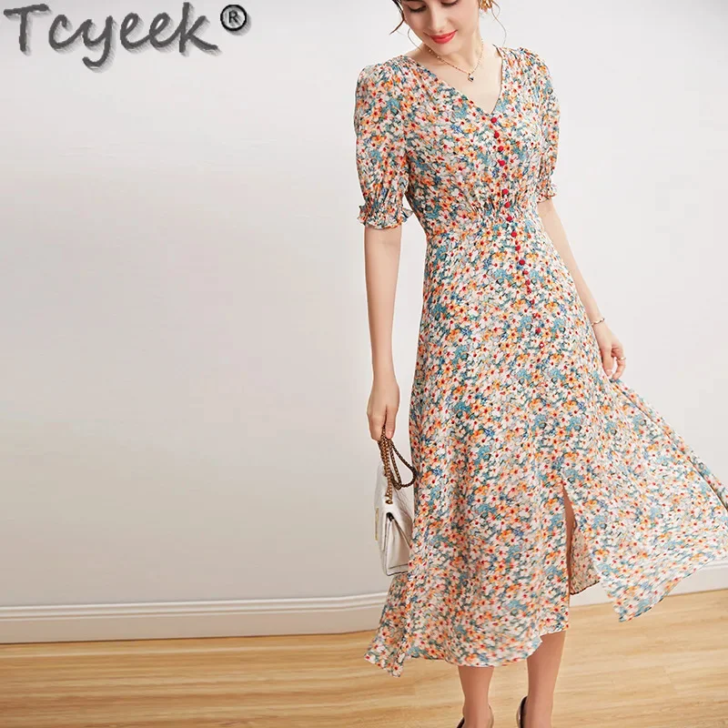 100% Tcyeek Real Mulberry Silk Elegant and Pretty Women's es 2024 Summer Clothes for Women Floral Split Dress French