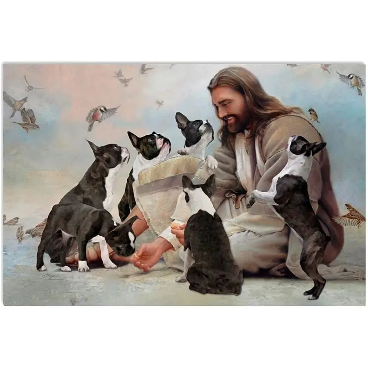 Vintage Tin Metal Sign God Surrounded By Dog Poster Boston Terrier Wall Art Jesus Vintage Home Decor Wall Art Christmas 20X30CM