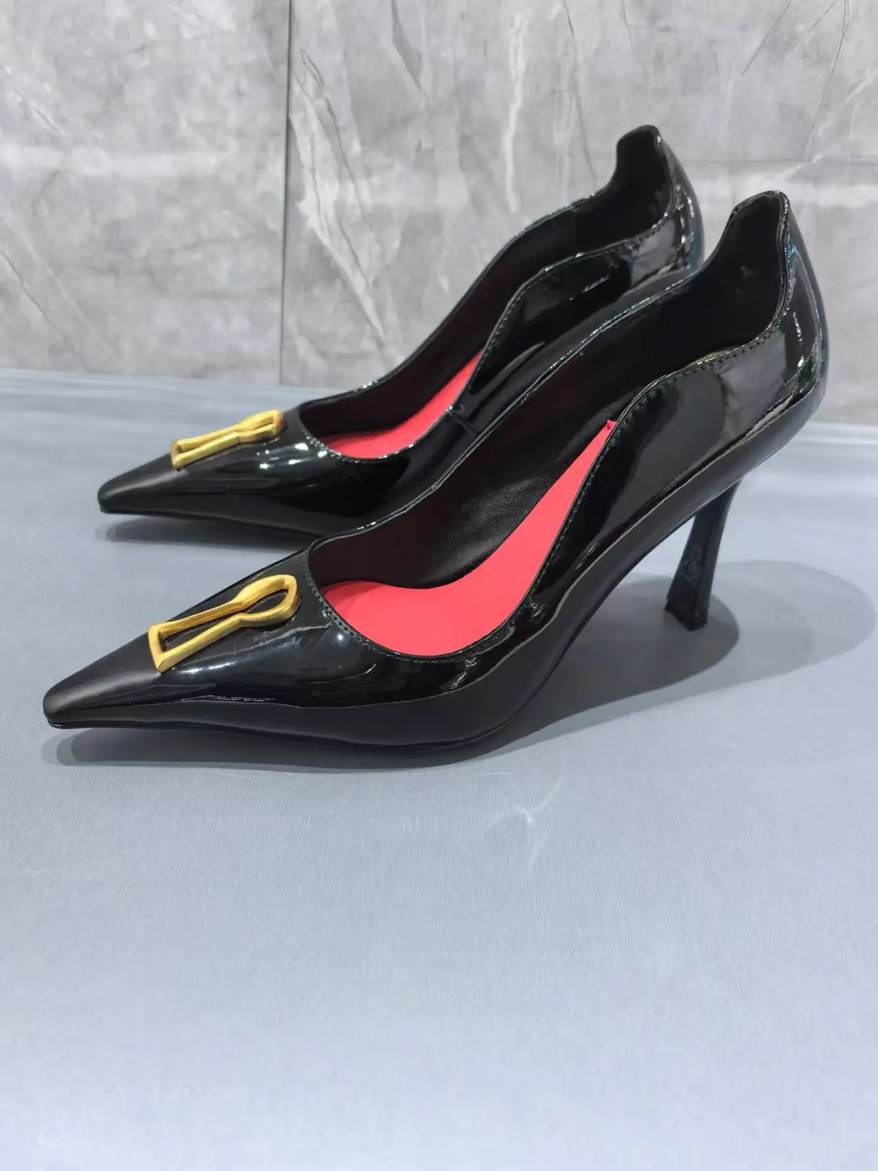 

Glossy Patent Leather Pointed High Heels Metallic Decorative Pumps Slip-On Stiletto Women's Shoes
